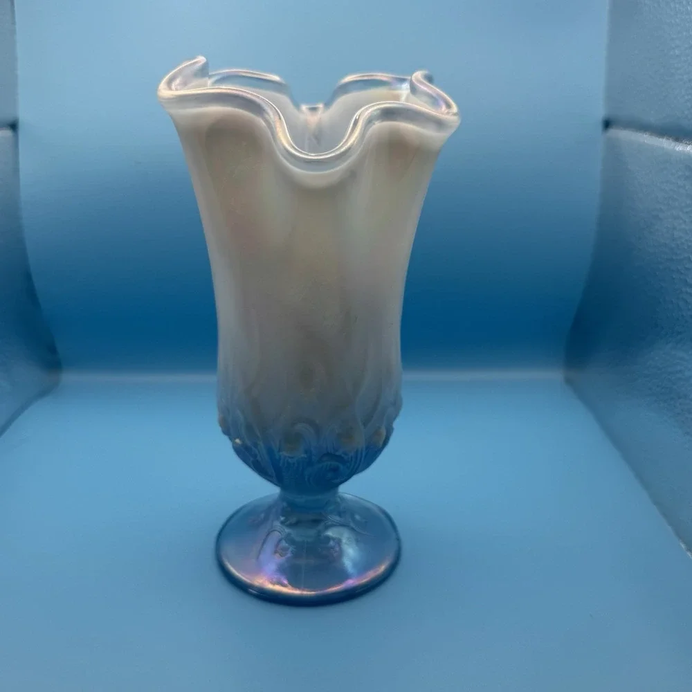 Vintage Iridescent Opalescent Art Glass Vase Blue Ruffled Rim Pedestal 8